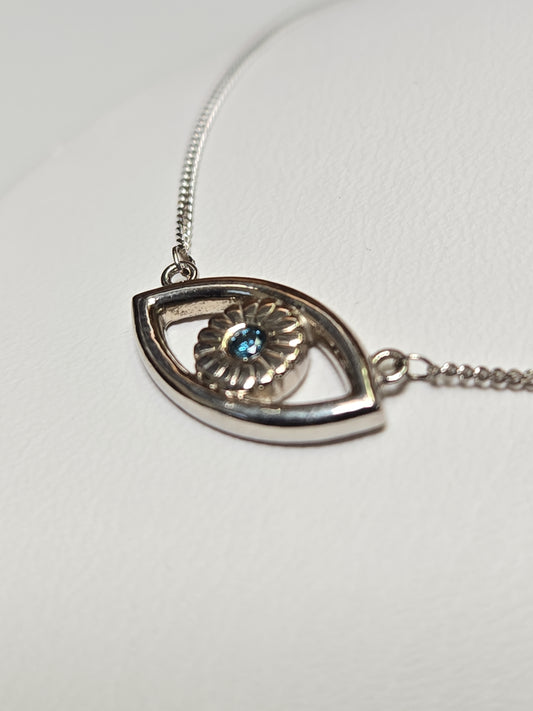 14K White Gold Diamond Cut Curb Chain Eye Pendant Necklace Treated blue Diamond