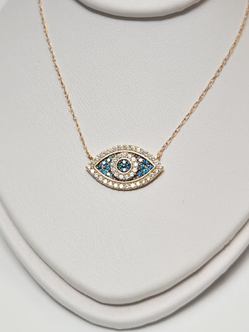 10K Gold Baby Rope Chain Eye Pendant Necklace 18" Round Cubic Zirconia 1g