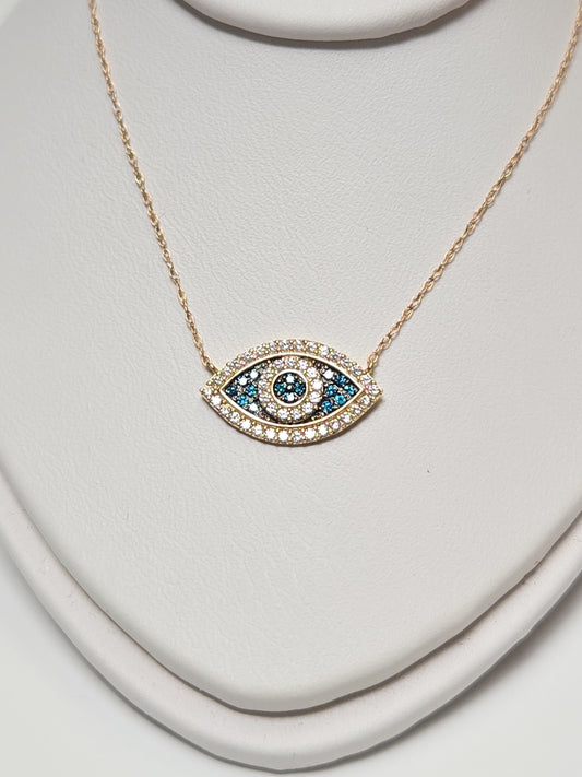 10K Gold Baby Rope Chain Eye Pendant Necklace 18" Round Cubic Zirconia 1g