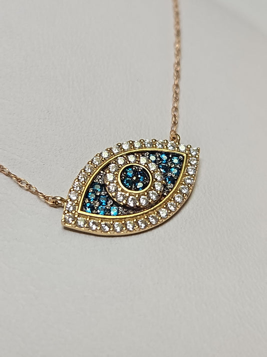 10K Gold Baby Rope Chain Eye Pendant Necklace 18" Round Cubic Zirconia 1g