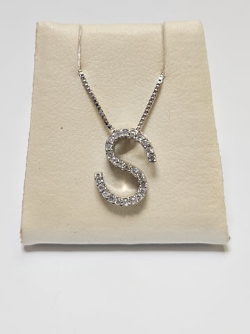 14K White Gold "S" Pendant 0.15ct Round Diamonds 0.6g