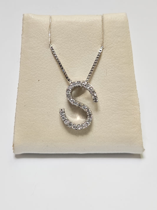14K White Gold "S" Pendant 0.15ct Round Diamonds 0.6g