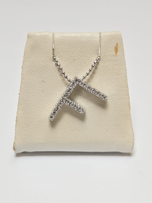 14K White Gold "F" Pendant 0.14ct Round Diamonds 0.8g