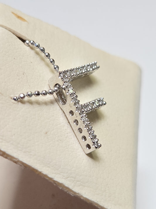14K White Gold "F" Pendant 0.14ct Round Diamonds 0.8g