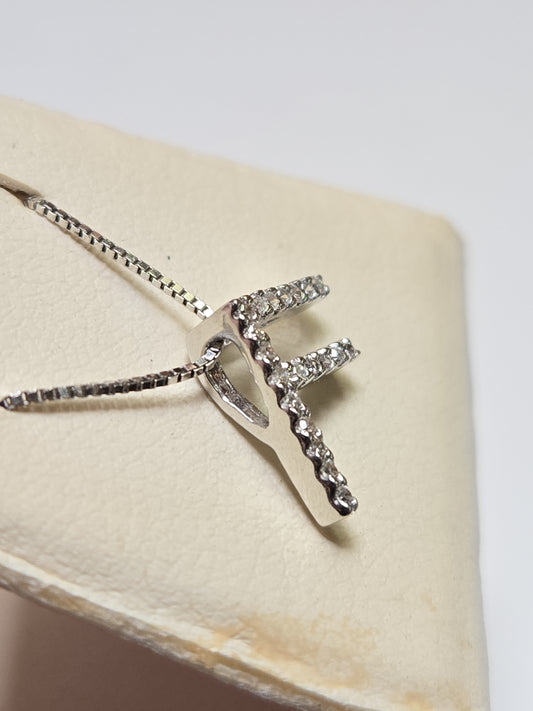14K White Gold "F" Pendant 0.14ct Round Diamonds 0.6g