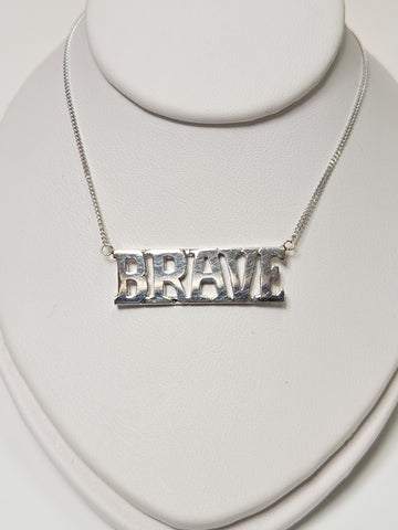 14K white gold diamond cut curb chain necklace with "Brave" pendant, 19 inches long, 3.2 grams from Chique Jewelry.