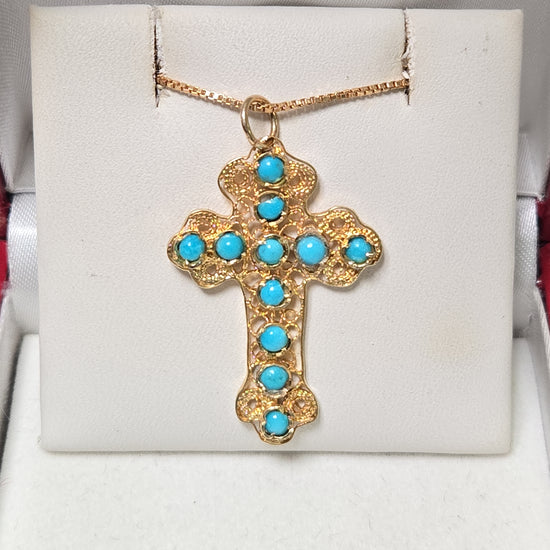 18K gold cross pendant with round turquoise stones, weighs 2.7g, crafted by Chique Jewelry.