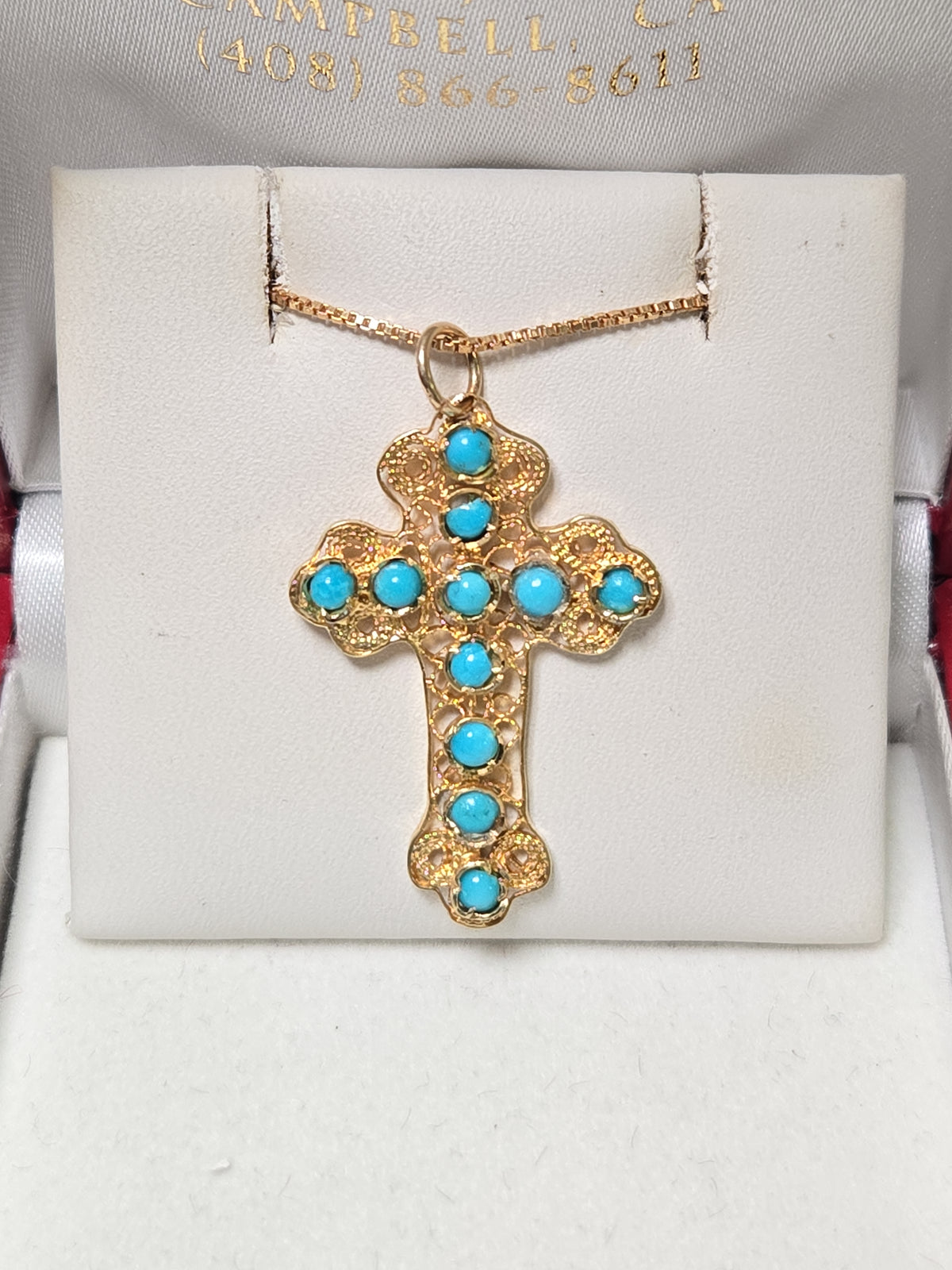 18K gold cross pendant with round turquoise stones, weighs 2.7g, crafted by Chique Jewelry.
