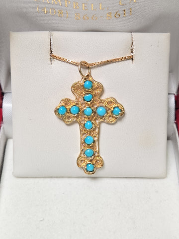 18K gold cross pendant with round turquoise stones, weighs 2.7g, crafted by Chique Jewelry.