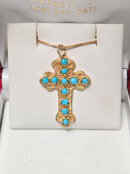 18K gold cross pendant with round turquoise stones, weighs 2.7g, crafted by Chique Jewelry.