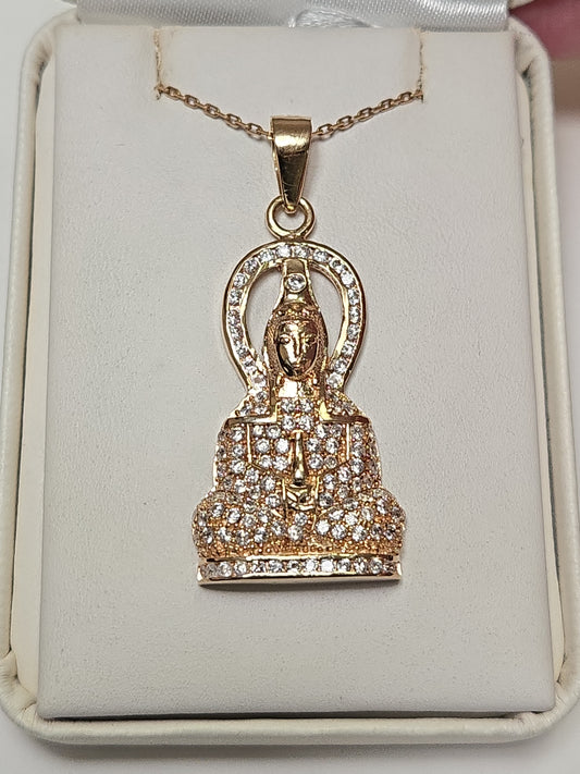 14K gold pendant with round cubic zirconia, weighing 7.9g, featuring a sparkling gemstone design by Chique Jewelry