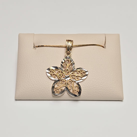 14K gold filigree flower pendant with delicate design, weighing 0.7g, from Chique Jewelry.