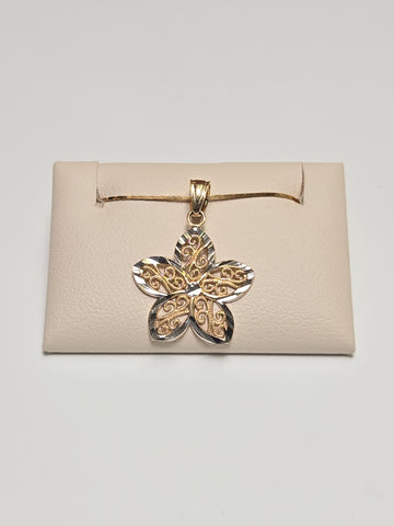 14K gold filigree flower pendant with delicate design, weighing 0.7g, from Chique Jewelry.