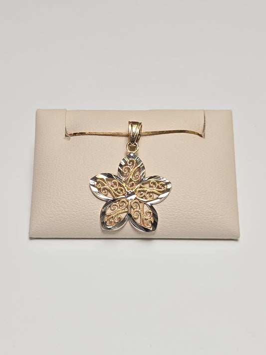 14K gold filigree flower pendant with delicate design, weighing 0.7g, from Chique Jewelry.