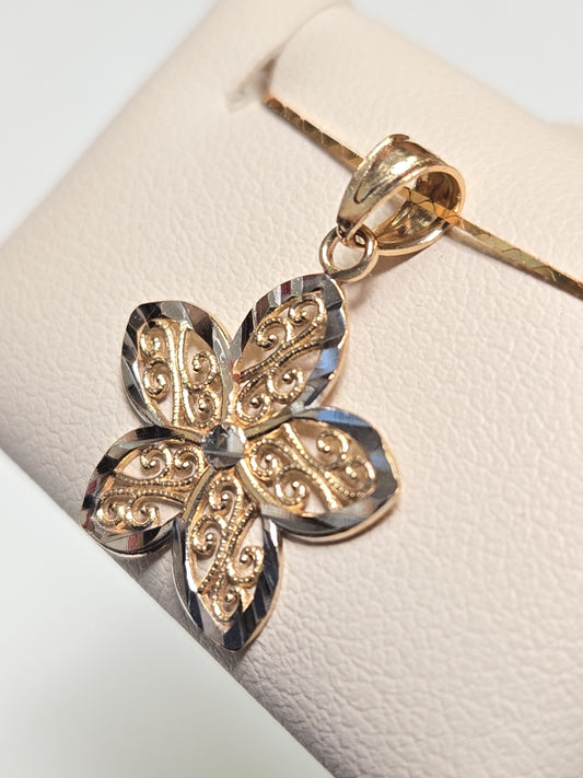 14K gold filigree flower pendant with delicate design, weighing 0.7g, crafted by Chique Jewelry.