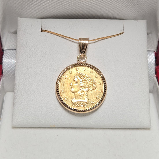 14K gold Liberty Head Quarter Eagle coin pendant, 5g, featuring detailed coin design, from Chique Jewelry.