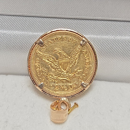 14K gold Liberty Head Quarter Eagle coin pendant by Chique Jewelry, showcasing a detailed 1845 gold coin design.