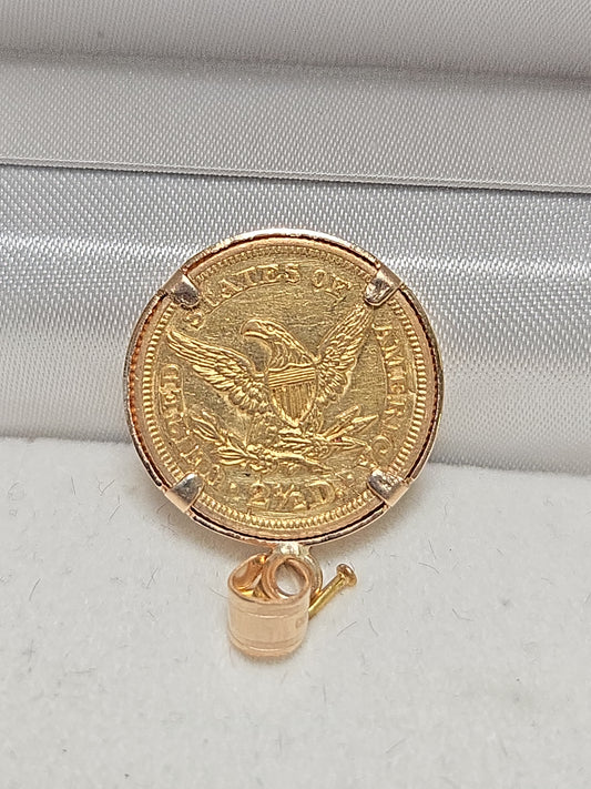 14K gold Liberty Head Quarter Eagle coin pendant by Chique Jewelry, showcasing a detailed 1845 gold coin design.