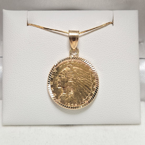 14K gold Indian Head Quarter Eagle coin pendant by Chique Jewelry, featuring detailed coin design, weighs 4.9 grams.