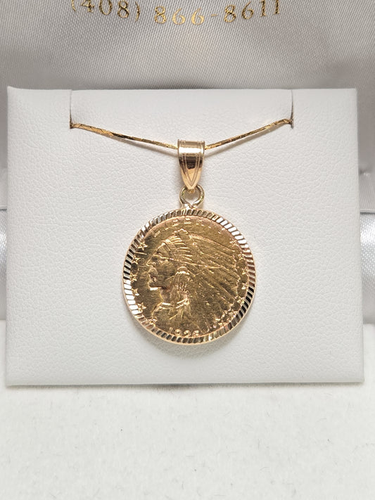 14K gold Indian Head Quarter Eagle coin pendant by Chique Jewelry, featuring detailed coin design, weighs 4.9 grams.