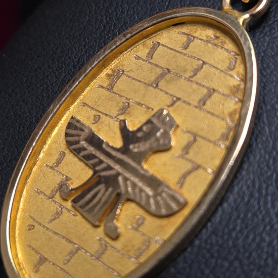 18K gold Farvahar pendant by Chique Jewelry featuring intricate design, weighs 3.8 grams, with detailed craftsmanship.