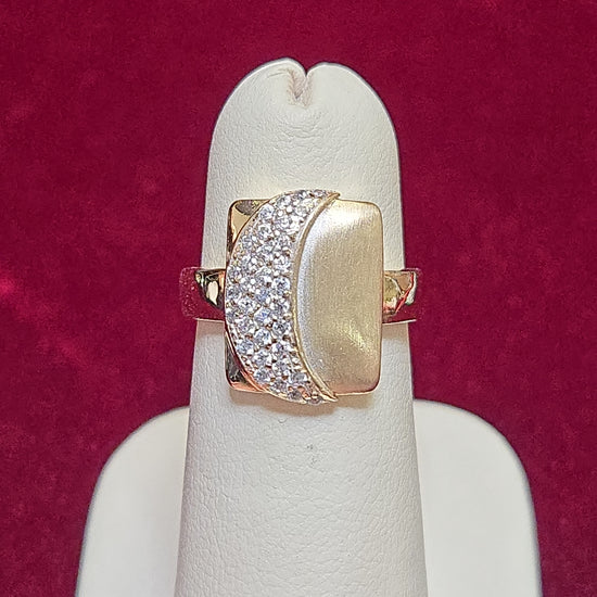14K gold cluster crescent moon ring with round cubic zirconia accents, designed by Chique Jewelry.