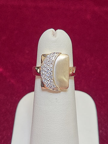 14K gold cluster crescent moon ring with round cubic zirconia accents, designed by Chique Jewelry.