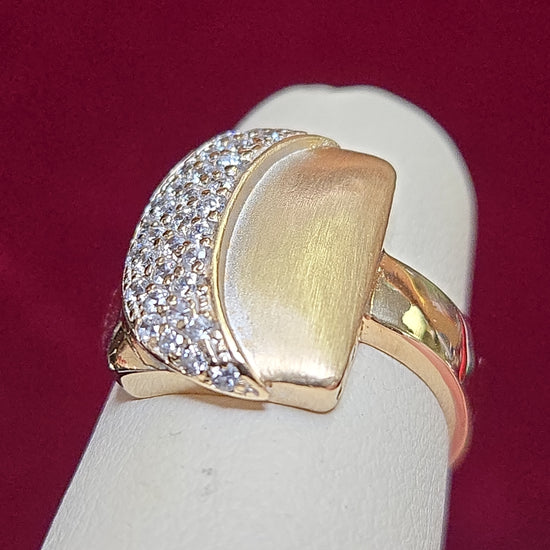 14K gold cluster crescent moon ring with round cubic zirconia stones, elegant jewelry by Chique Jewelry.