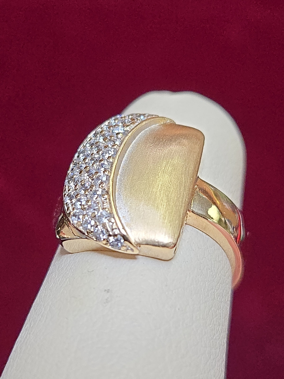 14K gold cluster crescent moon ring with round cubic zirconia stones, elegant jewelry by Chique Jewelry.