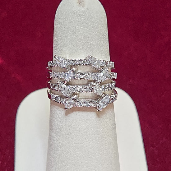 18K white gold ring with 1ct marquise diamonds, featuring elegant design and 7.9g weight by Chique Jewelry.
