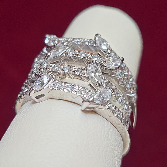 18K white gold ring with 1ct marquise diamonds, featuring elegant design and craftsmanship by Chique Jewelry.