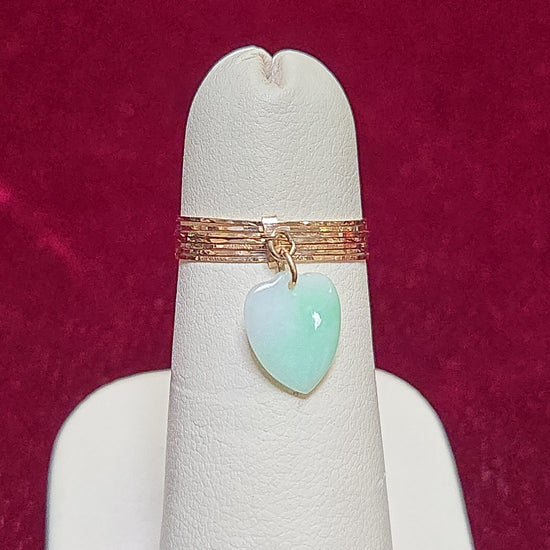 14K rose gold charm ring with pear-shaped jade gemstone, featuring delicate design by Chique Jewelry.