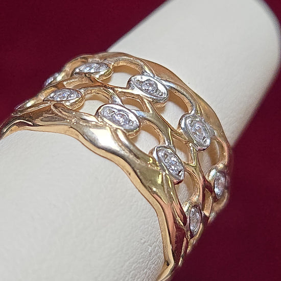 14K gold ring with round white sapphire gemstone from Chique Jewelry, showcasing the elegant design and polished finish.