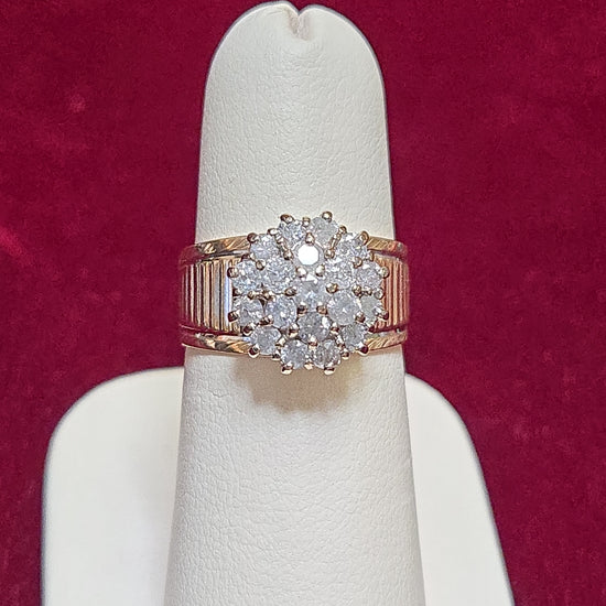 14K gold cluster ring with 0.75ct round diamonds from Chique Jewelry, featuring a stylish design and 5.9g weight.