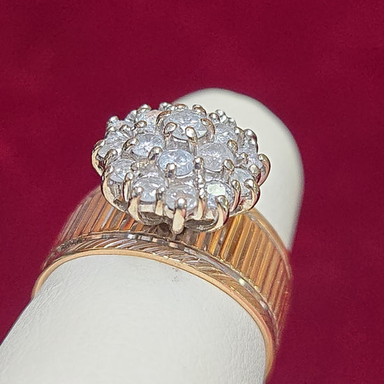 14K gold cluster ring with 0.75ct round diamond, crafted by Chique Jewelry, featuring a detailed and elegant design.