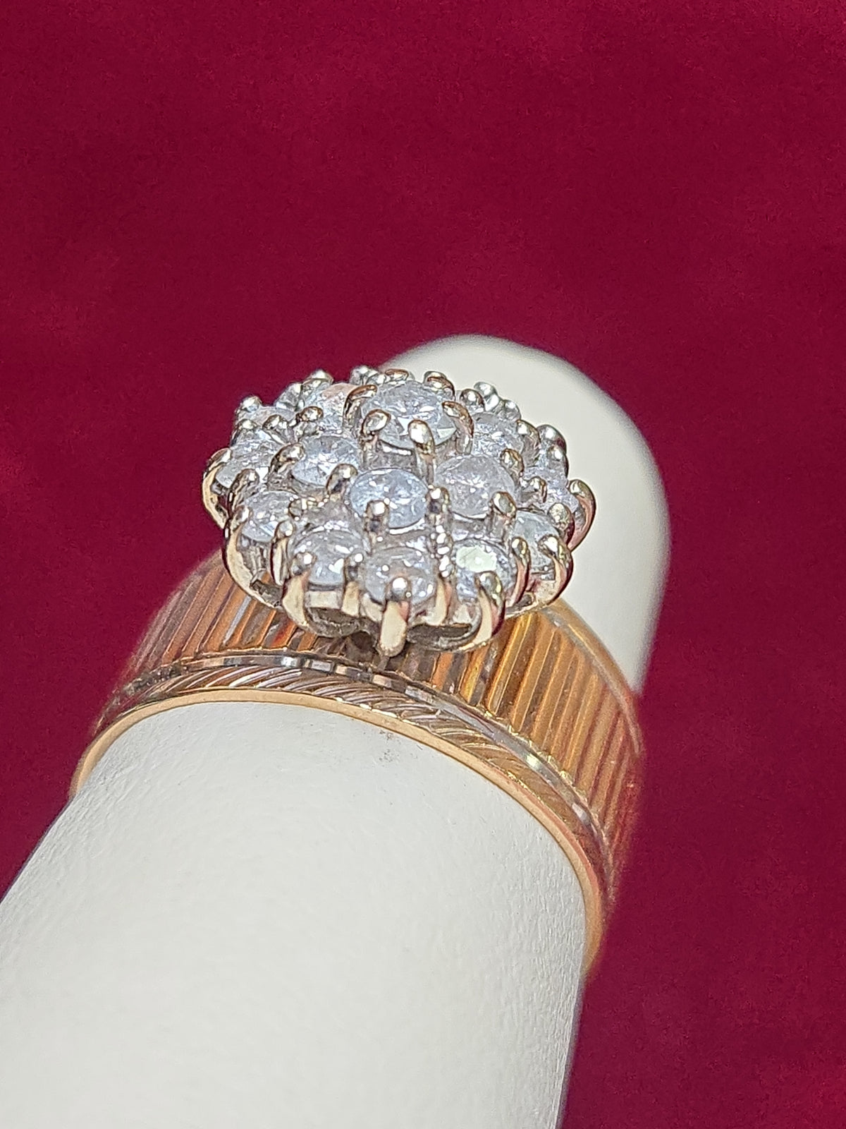 14K gold cluster ring with 0.75ct round diamond, crafted by Chique Jewelry, featuring a detailed and elegant design.