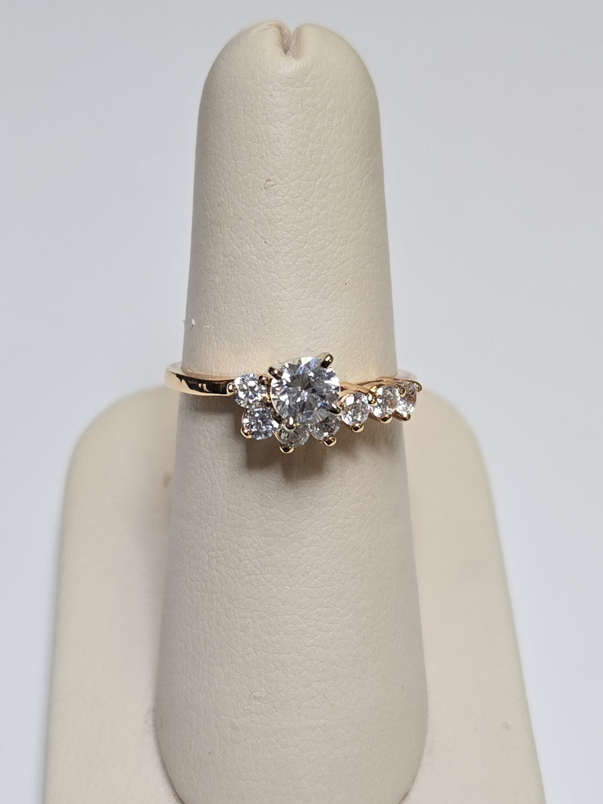14K gold engagement ring with round simulated Lannyte diamond, featuring a sleek design and 3.1g weight by Chique Jewelry