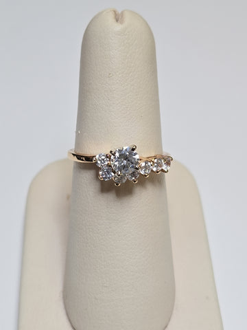 14K gold engagement ring with round simulated Lannyte diamond, featuring a sleek design and 3.1g weight by Chique Jewelry