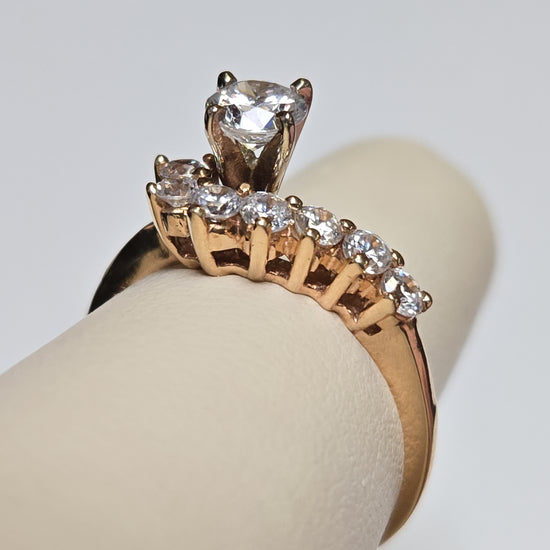 14K gold engagement ring with round simulated Lannyte diamond, featuring a sleek band and elegant design by Chique Jewelry