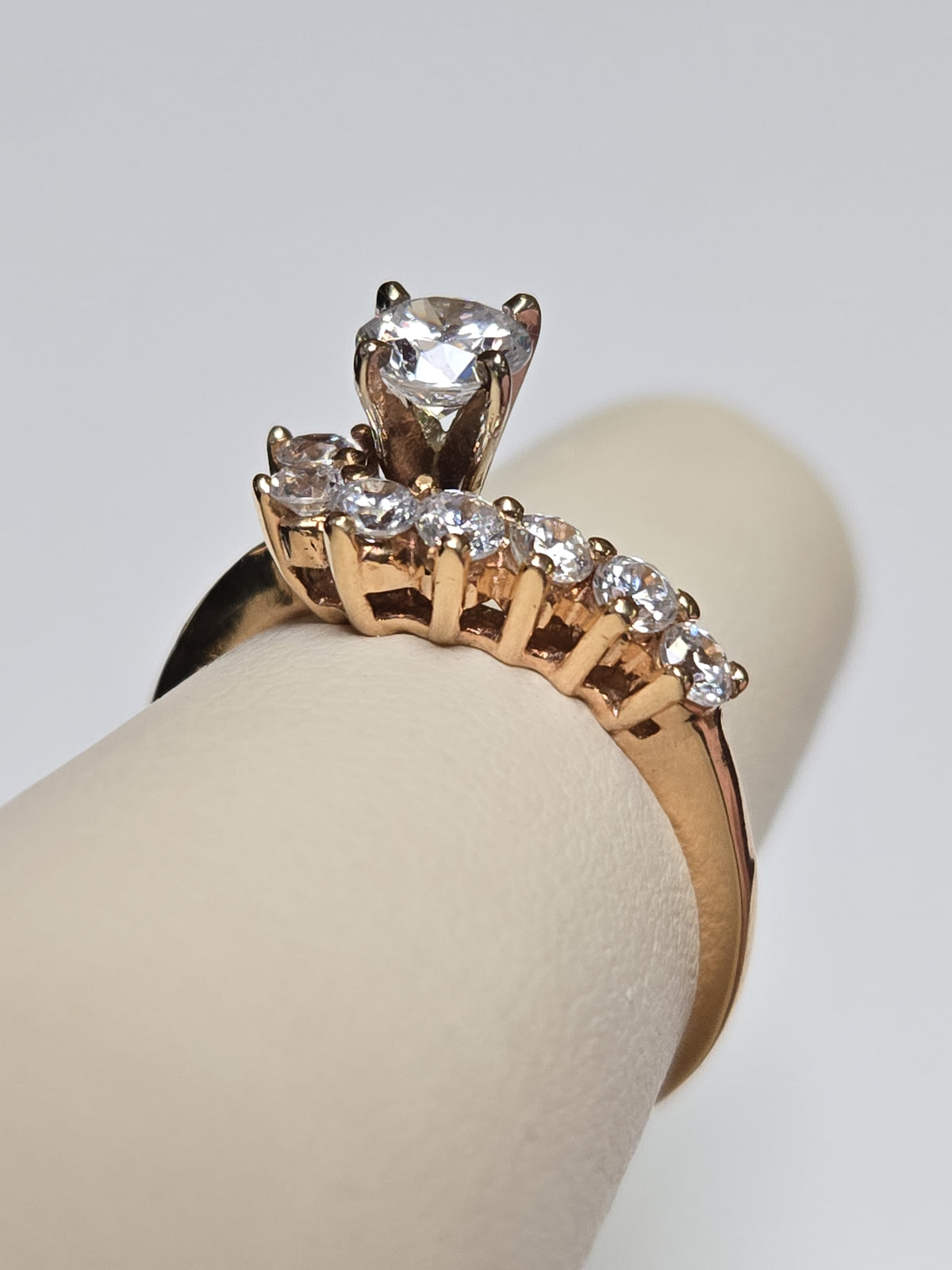 14K gold engagement ring with round simulated Lannyte diamond, featuring a sleek band and elegant design by Chique Jewelry