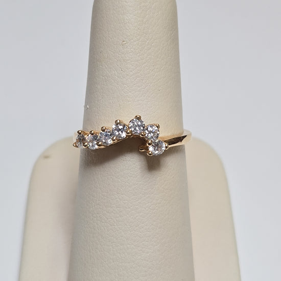 14K gold wedding ring with round simulated Lannyte diamonds, elegant design, weighs 3 grams, by Chique Jewelry.