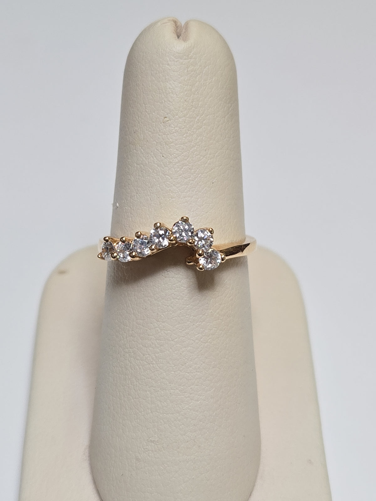 14K gold wedding ring with round simulated Lannyte diamonds, elegant design, weighs 3 grams, by Chique Jewelry.
