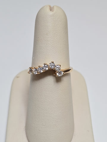14K gold wedding ring with round simulated Lannyte diamonds, elegant design, weighs 3 grams, by Chique Jewelry.