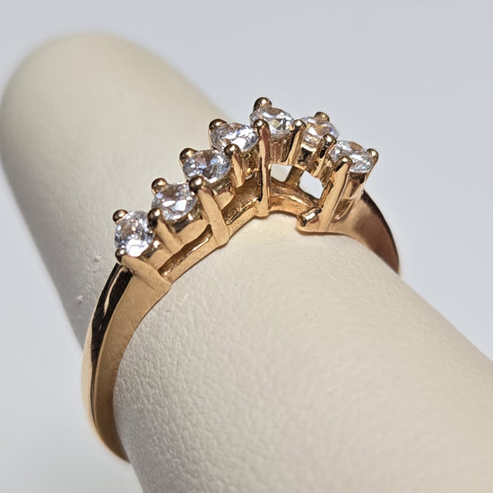 14K gold wedding ring with round simulated Lannyte diamonds, elegant design, crafted by Chique Jewelry.