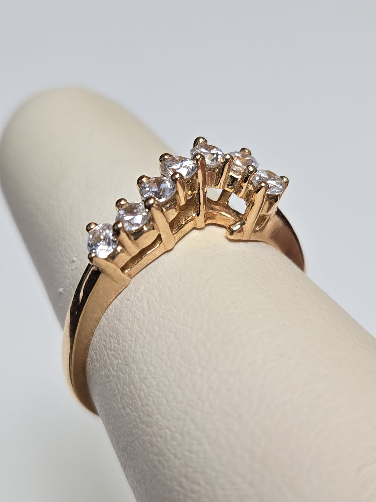 14K gold wedding ring with round simulated Lannyte diamonds, elegant design, crafted by Chique Jewelry.