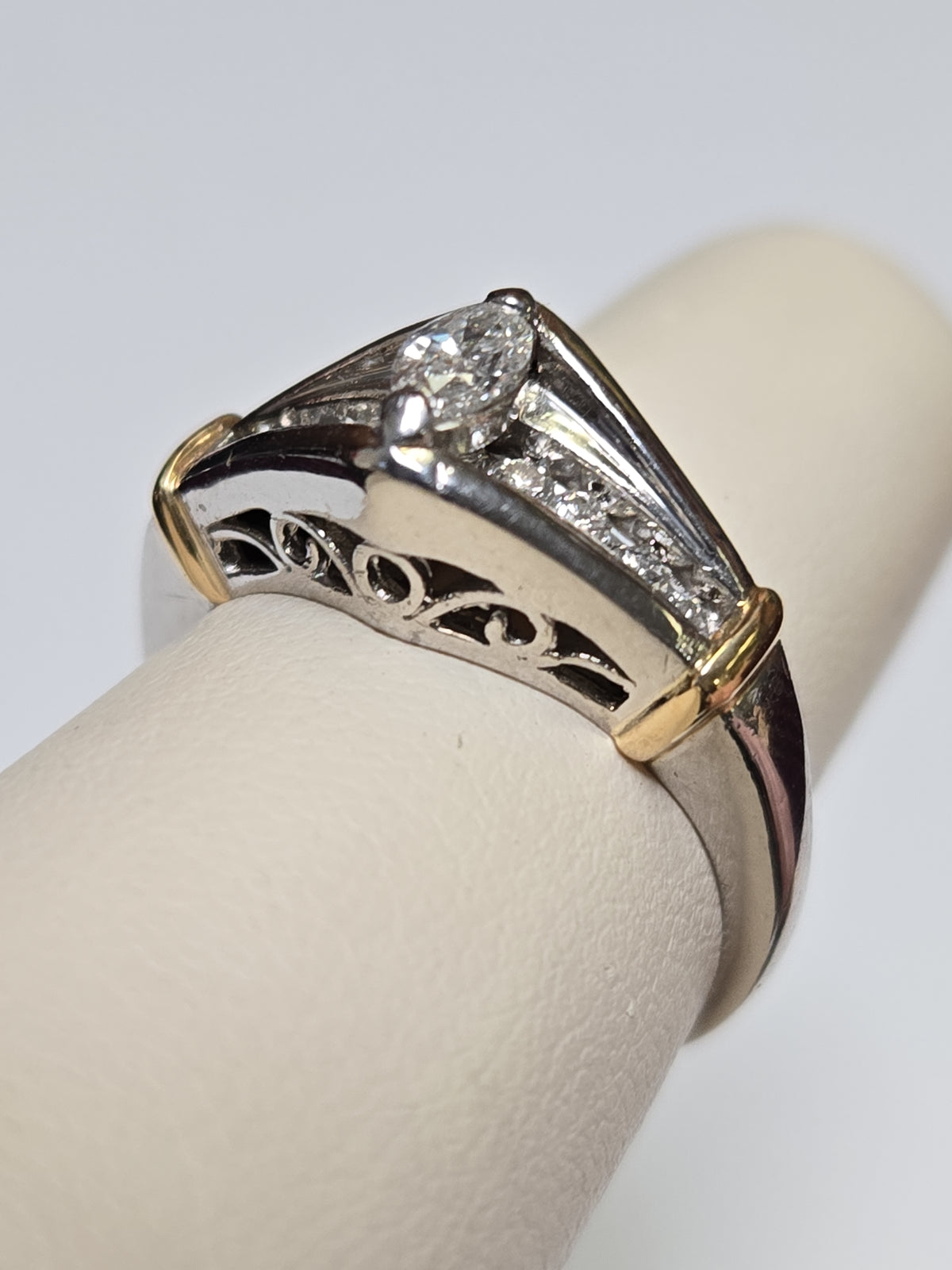 950 platinum engagement filigree ring with 0.5ct marquise diamond and intricate design, weighs 8.3 grams.