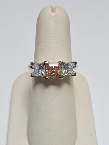 14K white gold three stone ring with princess-cut simulated Lannyte diamonds, featuring elegant design and 6.7g weight.