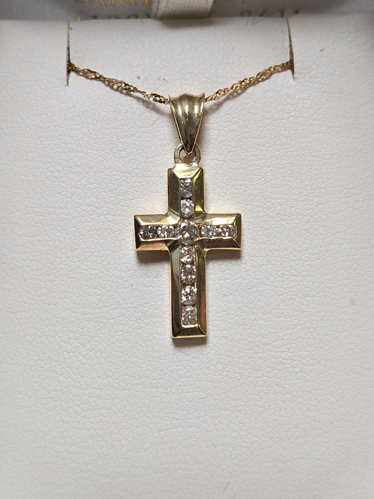 14K gold cross pendant with 0.6ct round diamonds from Chique Jewelry, featuring a detailed religious jewelry design.