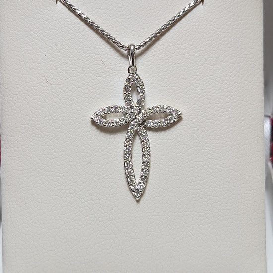 14K white gold cross pendant with 0.5ct lab-created diamonds, featuring a detailed design and polished finish by Chique Jewelry.