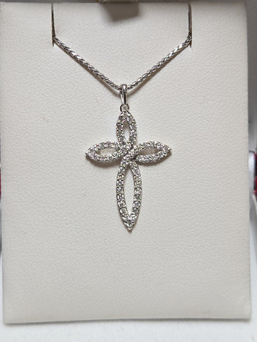 14K white gold cross pendant with 0.5ct lab-created diamonds, featuring a detailed design and polished finish by Chique Jewelry.